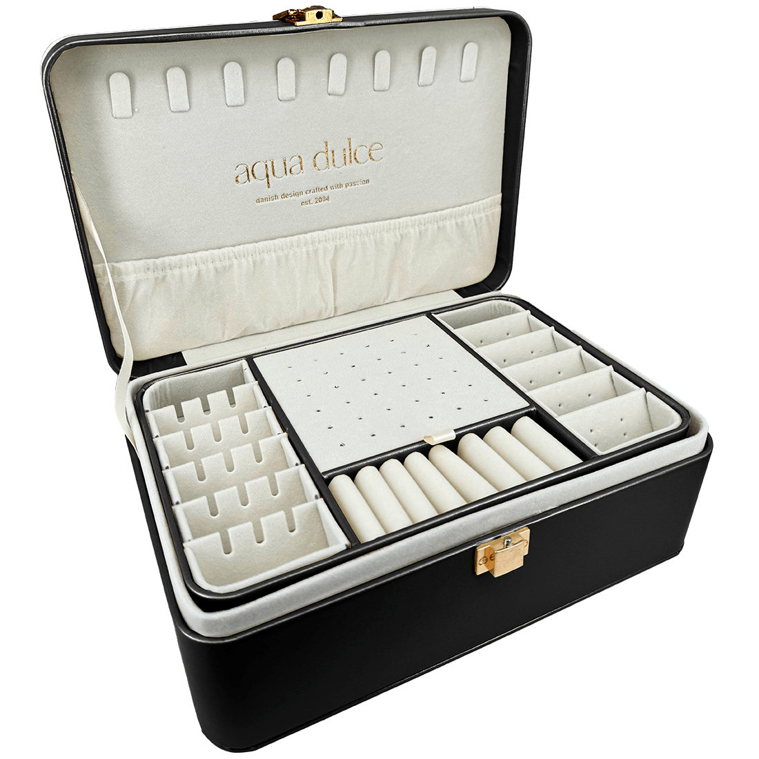 Aqua Dulce large jewelery box in black artificial leather with open lid, several compartments and beige interior. Model 6070-1