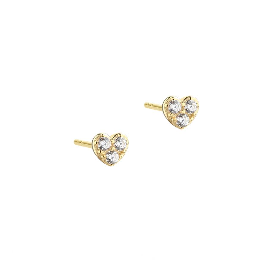 Aqua Dulce Tiny Heart Stud Earrings Gold Plated shows pair of tiny heart shaped stud earrings with clear stones, Model 5682-1.
