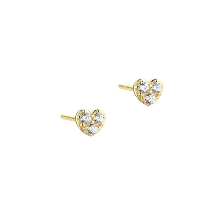 Aqua Dulce Tiny Heart Stud Earrings Gold Plated shows pair of tiny heart shaped stud earrings with clear stones, Model 5682-1.