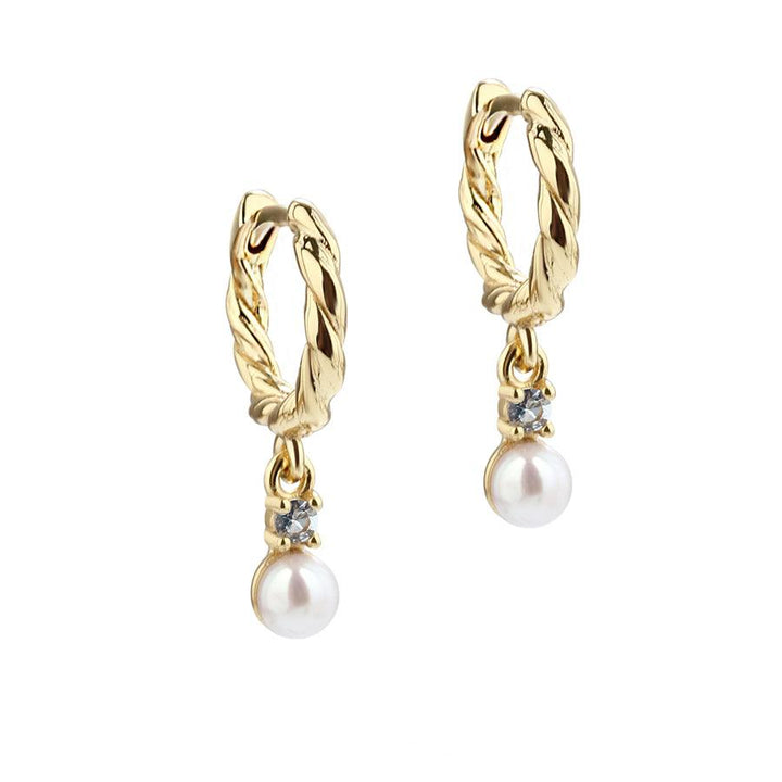 Aqua Dulce Twisted Sky Hoop gold plated with twisted gold finish, freshwater pearl and stone, Model 5649-1.