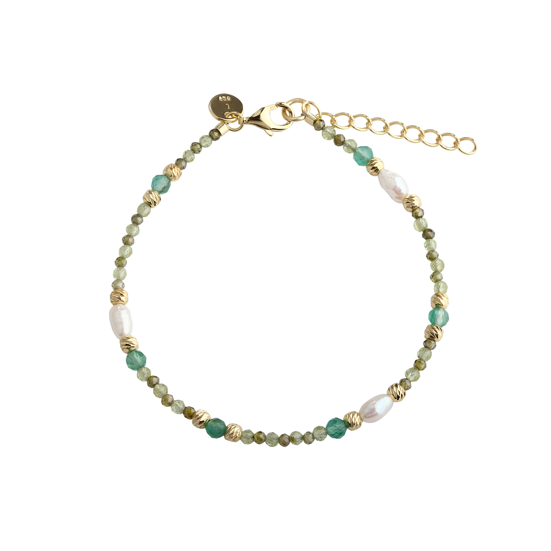 Aqua Dulce Verde Simple Bracelet in Gold Plated, elegant bracelet with green pearls and gold plated details. Model 6705-1
