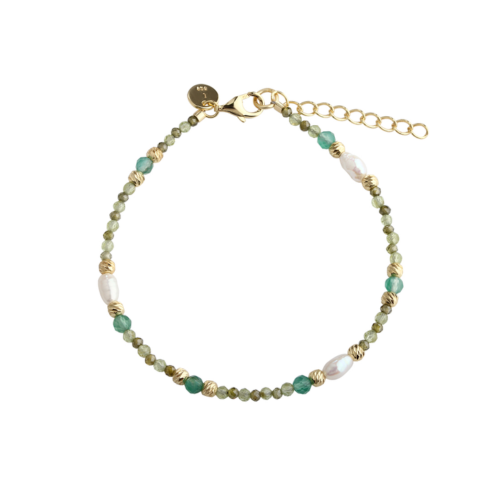Aqua Dulce Verde Simple Bracelet in Gold Plated, elegant bracelet with green pearls and gold plated details. Model 6705-1