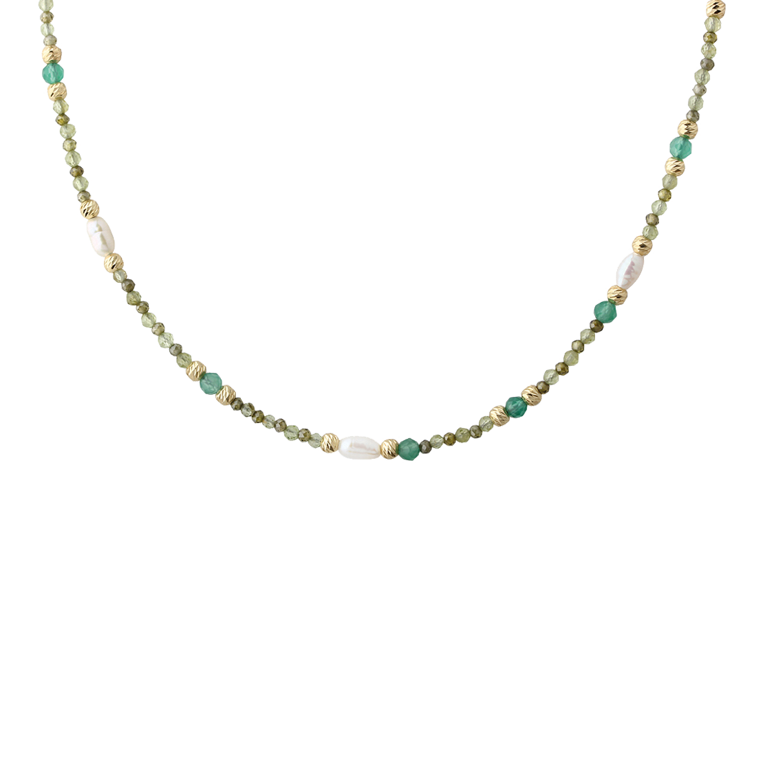 Aqua Dulce Verde Simple Necklace in gold-plated with green pearls, golden details and white freshwater pearls. Model 6707-1