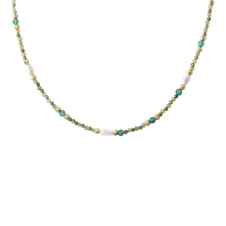 Aqua Dulce Verde Simple Necklace in gold-plated with green pearls, golden details and white freshwater pearls. Model 6707-1