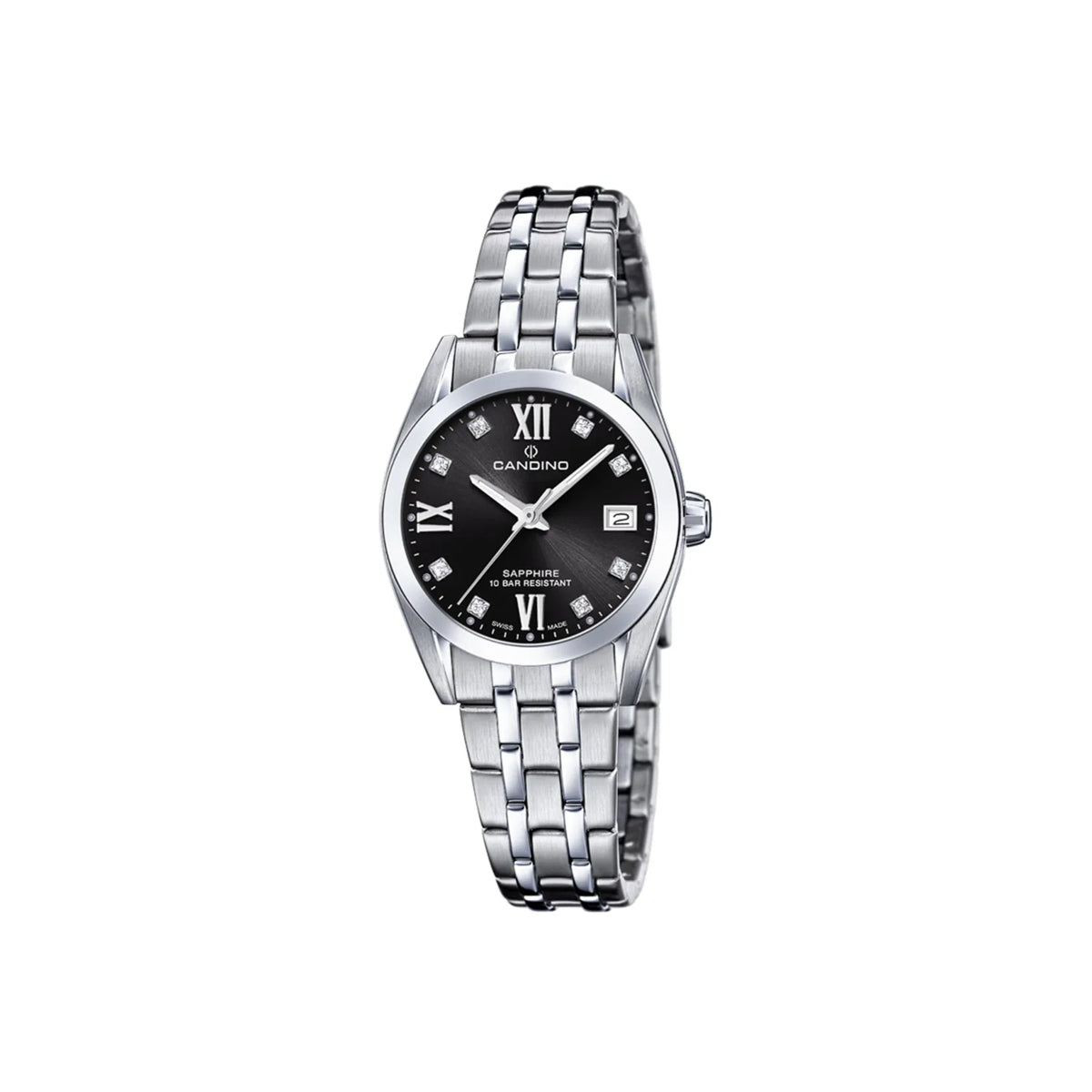 Candino Women's Watch C4703C shows elegant silver watch with black dial and date, Model C4703C-1.