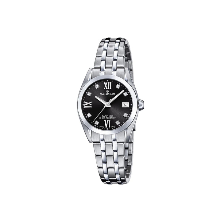 Candino Women's Watch C4703C shows elegant silver watch with black dial and date, Model C4703C-1.