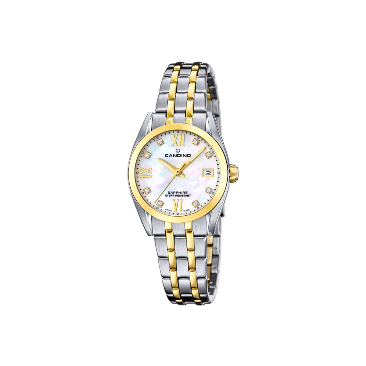 Candino Women's watch C4704E with white mother-of-pearl dial, gold-colored details and two-tone chain. Model C4704E-1.