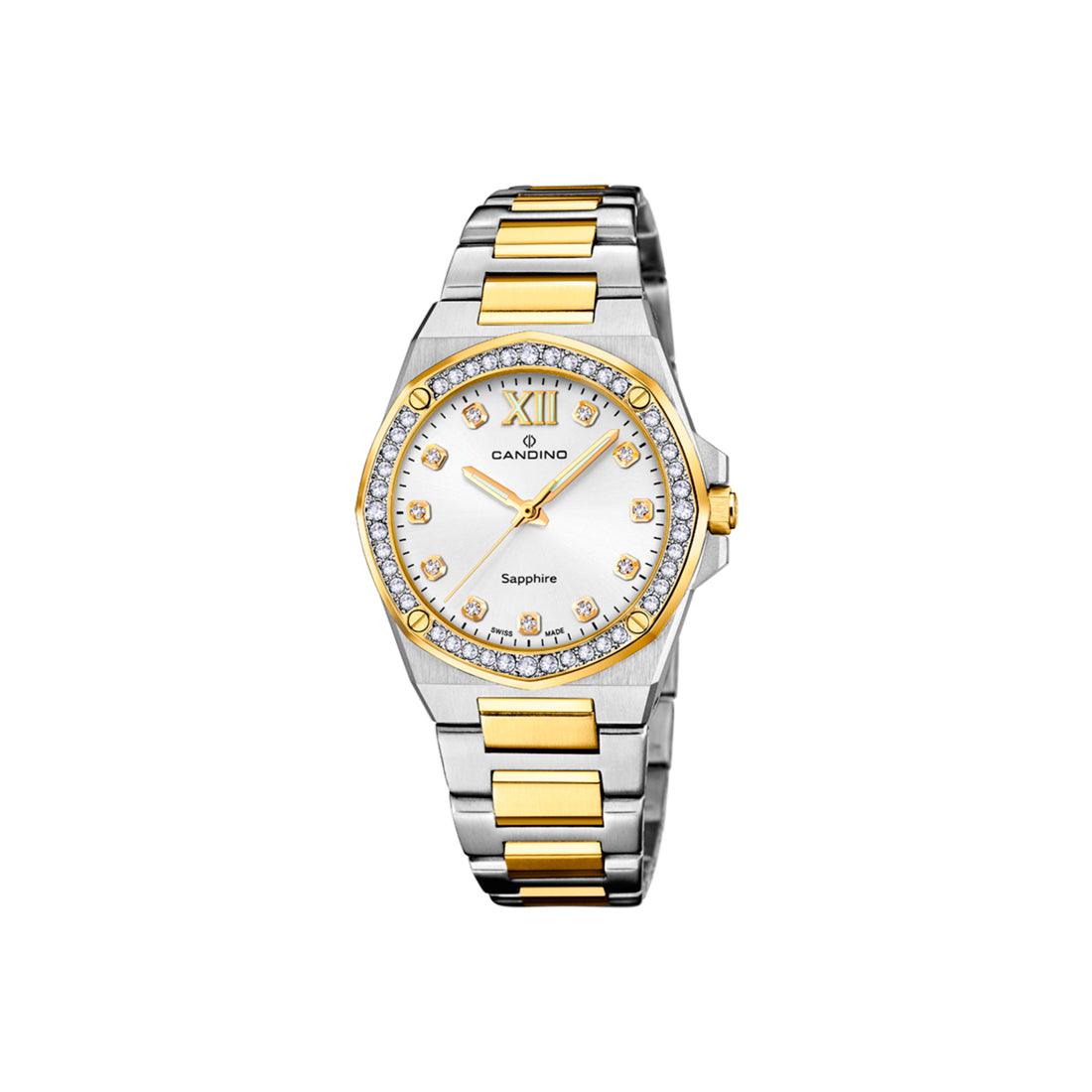 Candino Women's watch C47521, elegant women's watch in steel and gold tones with stone edge and bright dial. Model C47521-1