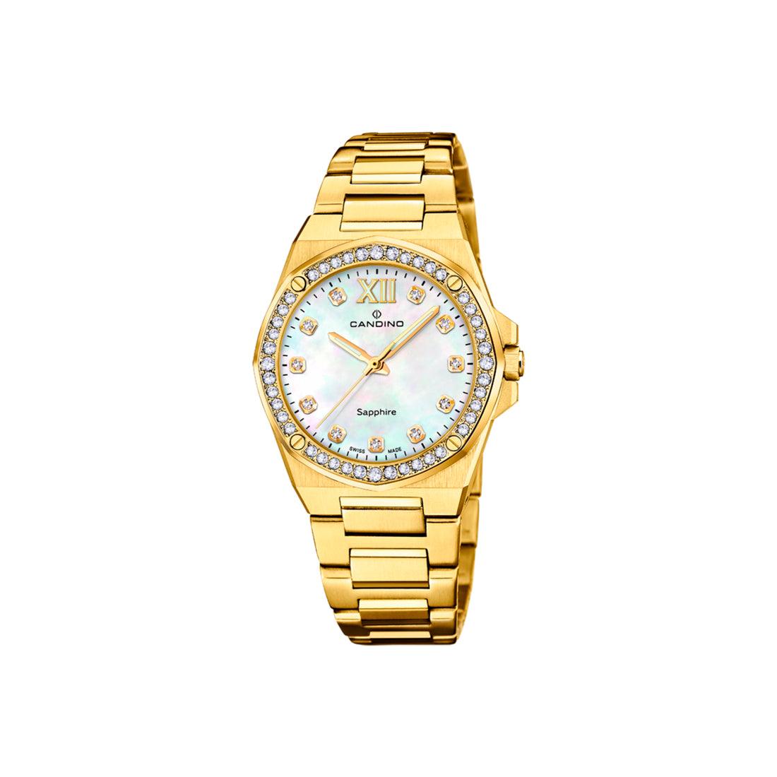 Candino gold double ladies' watch c47551 with light mother-of-pearl dial, golden chain and sparkling wreaths. Model c47551-1.