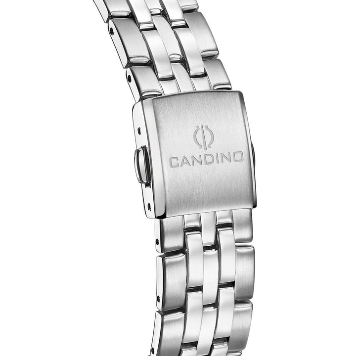 Candino men's watch steel with black dial shows detail of silver colored watch strap and clasp in brushed steel.