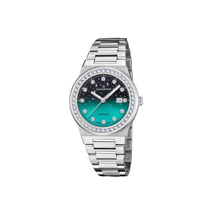 Candino steel women's watch with stone with silver bracelet and blue-green dial, Model C47492