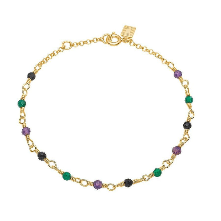 Carre bracelet with mix stones in green, purple and black on fine gold chain, Model FB4456GRAMBA-1