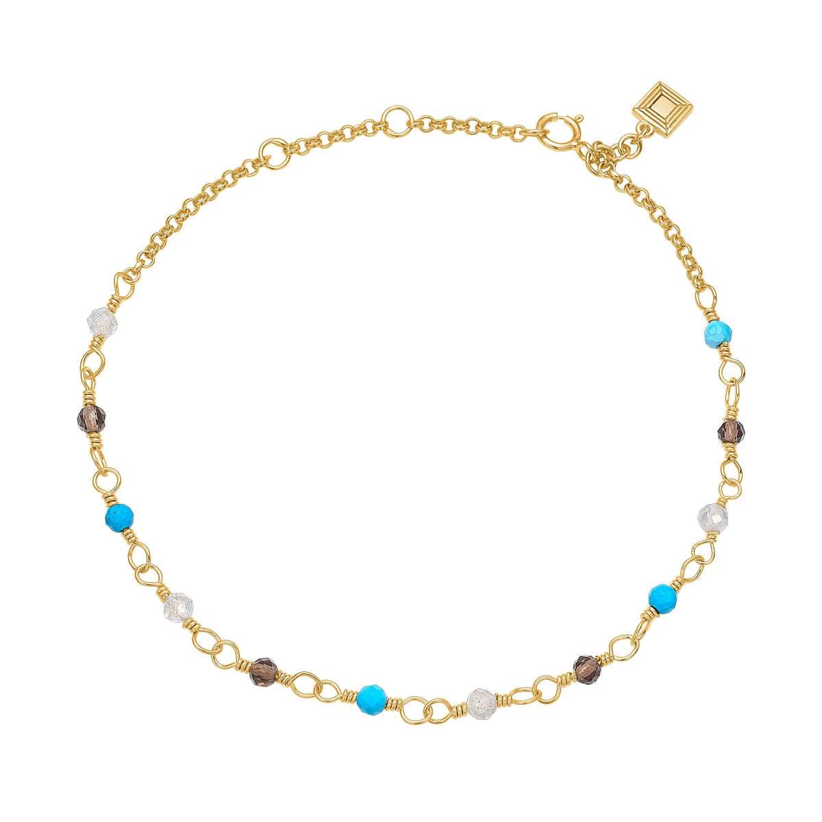 carre-bracelet-with-mix-stones is seen as an elegant, thin bracelet in gold-coloured metal with blue, gray and brown stones. Model FB4456TQSTLB.