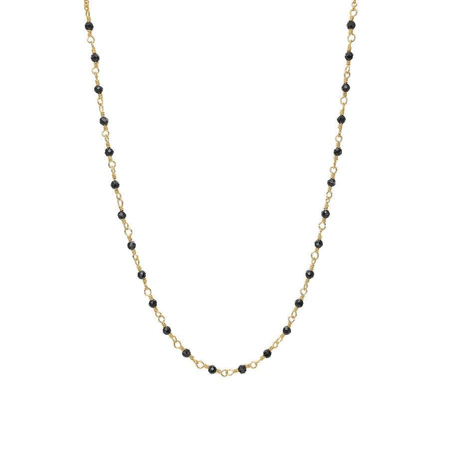 Carre necklace with black agate, gold colored chain with small black agate beads, Model fc4456ba-1