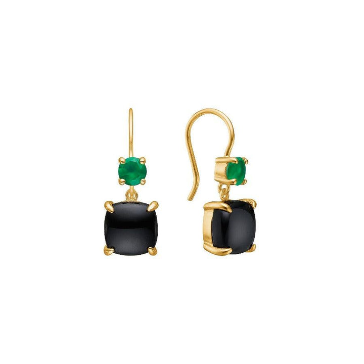 Carre earrings with black agate and green agate, gold look with square stones on a white background. Model FH4485BAGR-1
