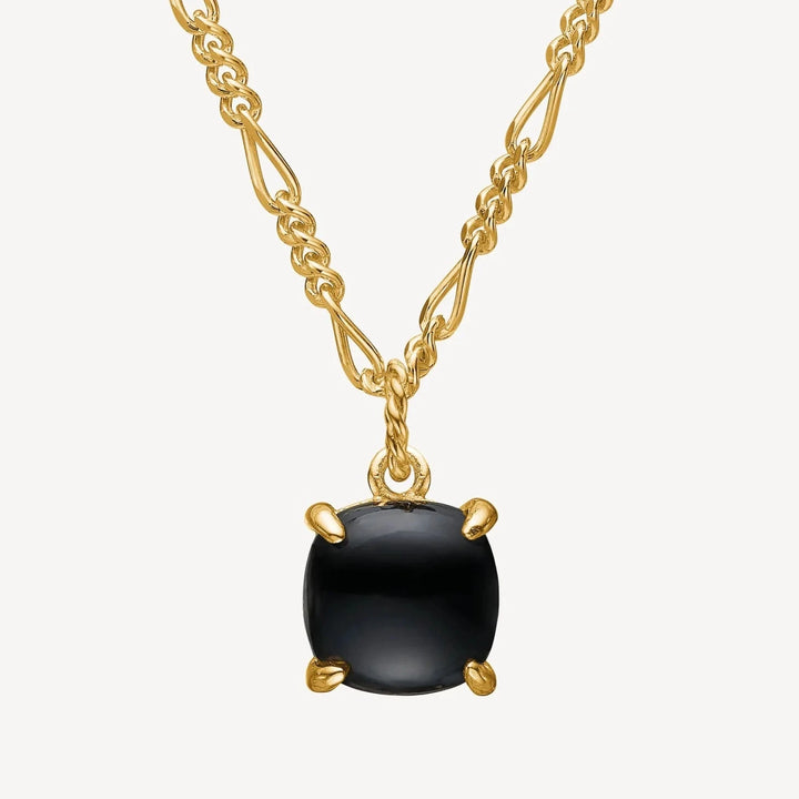 Carre Sunset Pendant with black agate on gold-plated chain, square black stone and fine chain details. Model FL4350BA-1