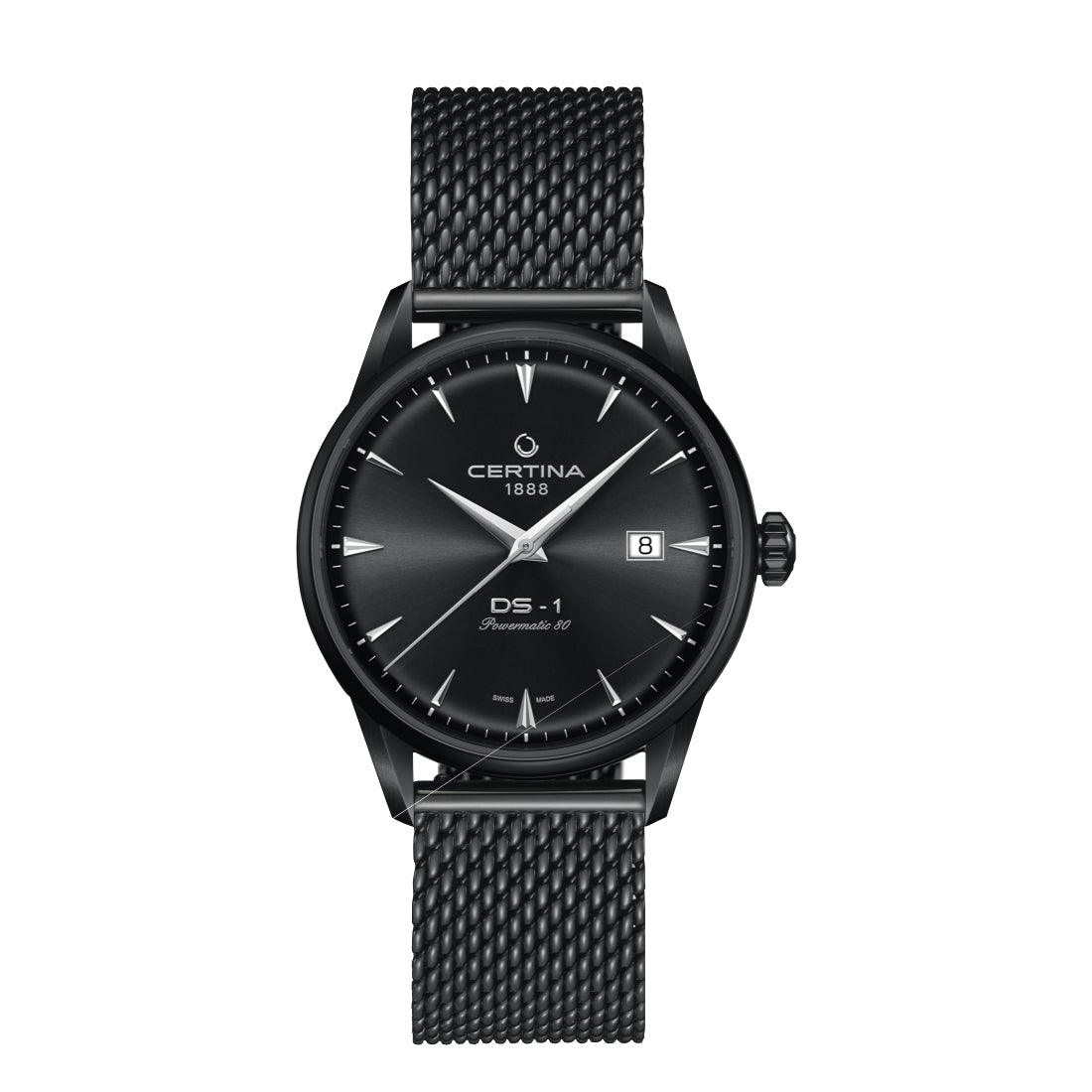 Certina DS-1 Automatic Black PVD coating with black mesh strap and black dial. Model C0298073305100