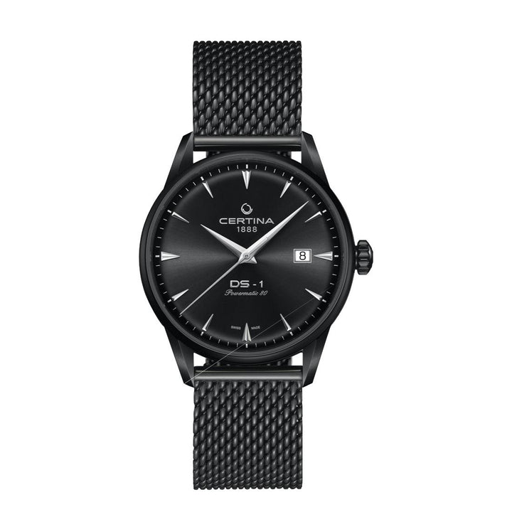 Certina DS-1 Automatic Black PVD coating with black mesh strap and black dial. Model C0298073305100