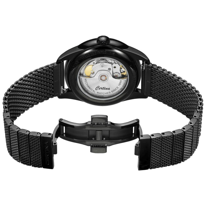 Certina DS-1 Automatic Black PVD displays the movement through transparent case back with black mesh bracelet. Model C0298073305100