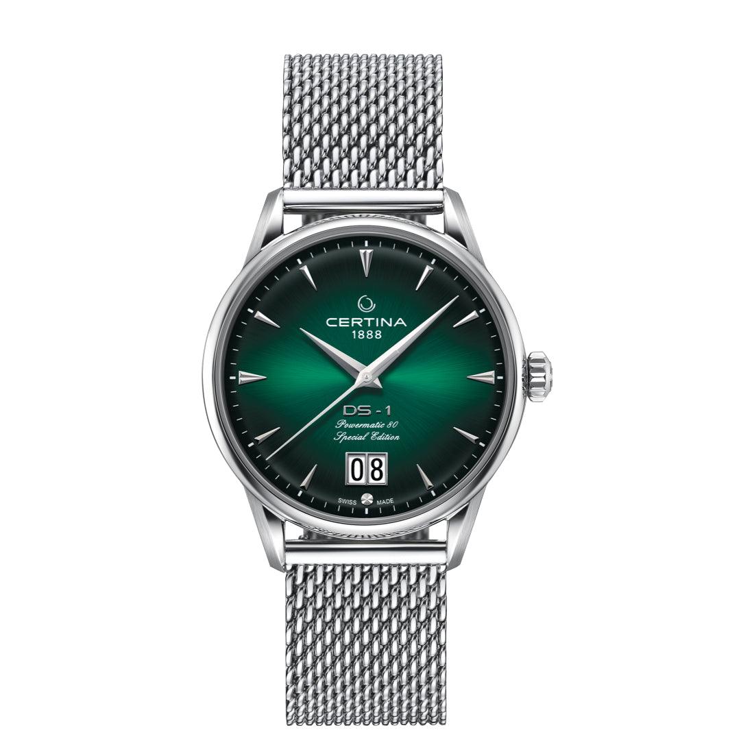 Certina DS-1 Big Date green dial with silver mesh bracelet, classic men's watch. Model C0294261109160