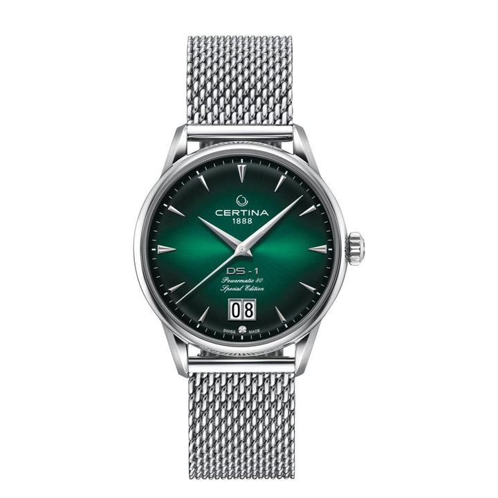 Certina DS-1 Big Date green dial with silver mesh bracelet, classic men's watch. Model C0294261109160