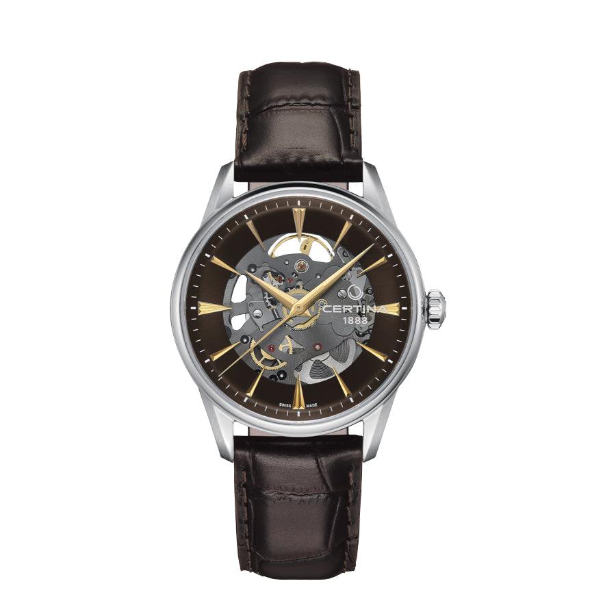 Certina DS-1 Skeleton C0299071608100 with brown leather strap and open dial in silver and gold. Model C0299071608100
