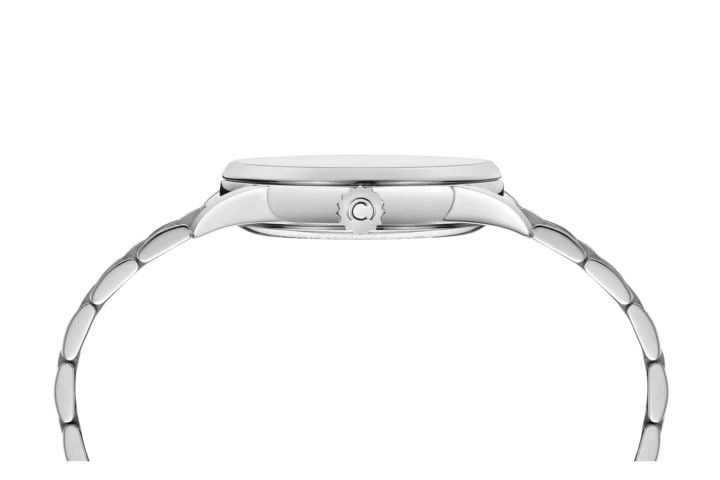 Certina DS-1 black dial Powermatic 80 38mm viewed from the side, slim silver colored watch case and chain, elegant expression.