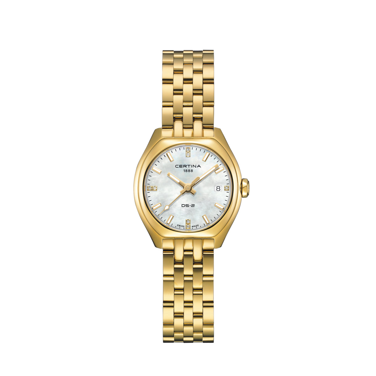Certina DS-2 Lady Quartz gold PVD women's watch with white mother-of-pearl dial and date display. Model C0492103311600