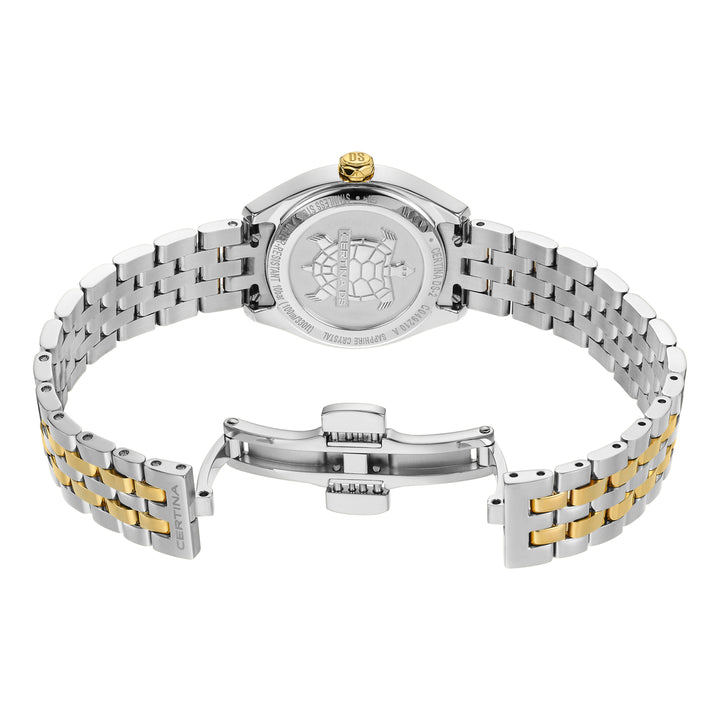 Certina DS-2 Lady steel w/gold PVD shows the case back and closure with silver and gold details. Model C0492102211600