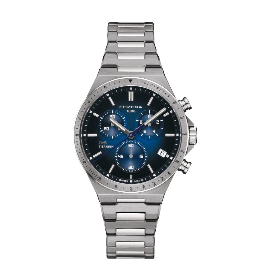 Certina DS-7 Chronograph Quartz blue dial and titanium bracelet, men's watch with three subdials. Model C0434174404100
