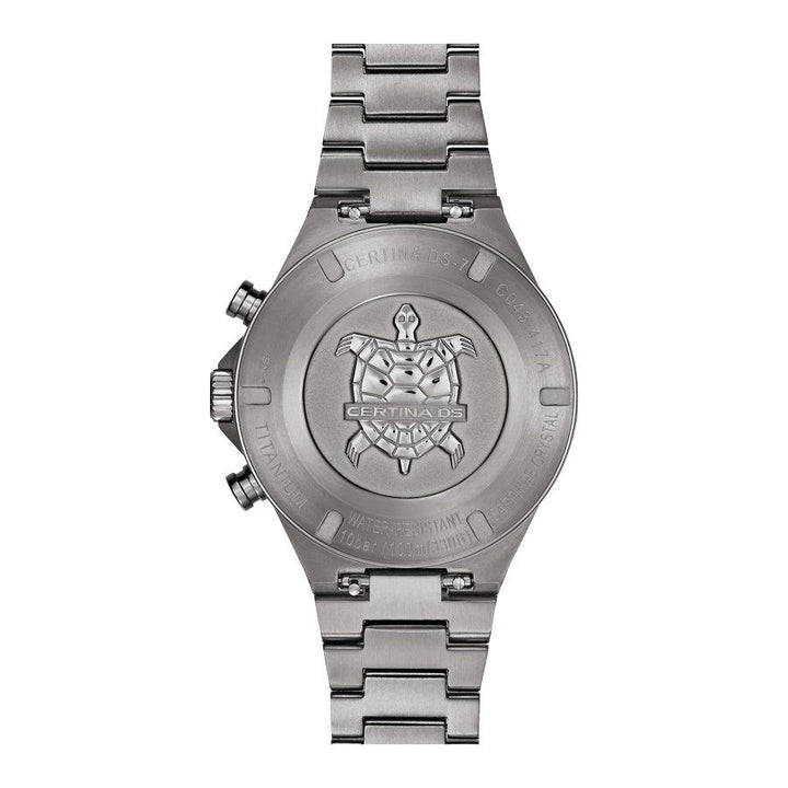 Certina DS-7 Chronograph Quartz Blue Titanium 41mm, detail of the case back with turtle motif.