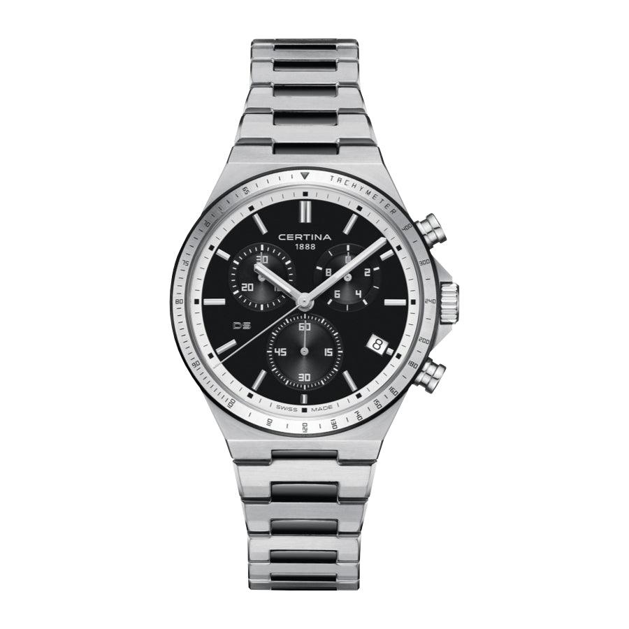 Certina DS-7 Chronograph black dial with silver-colored chain and clear chronographs. Model C0434172205100