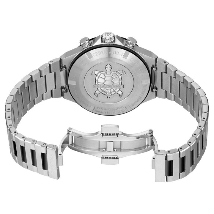Certina DS-7 Chronograph black PVD coating 41 mm, back case with tortoise engraving and silver chain.