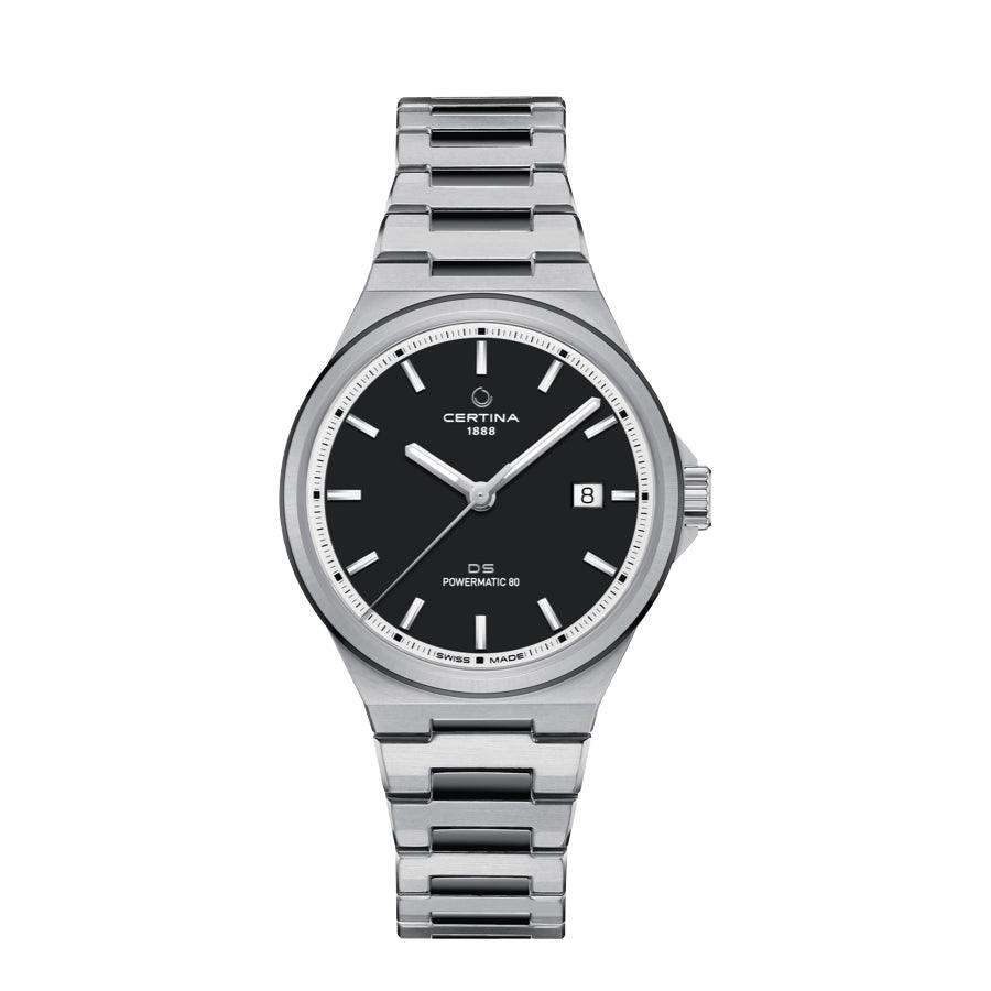 Certina DS-7 Powermatic 80 anthracite PVD coating 39mm men's watch with black dial and steel chain. Model C0434072206100