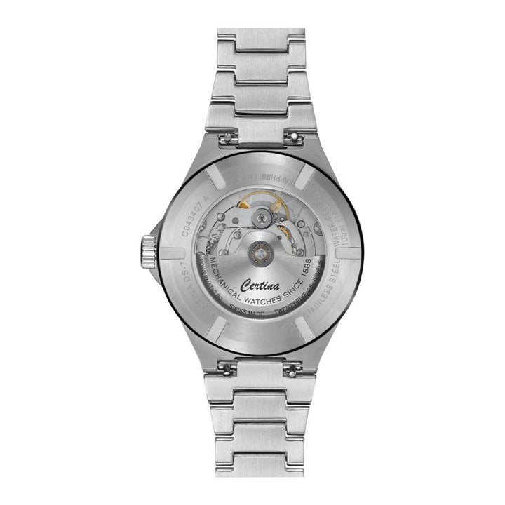 Certina DS-7 Powermatic 80 anthracite PVD watch shown from the back with open case back, Model C0434072206100