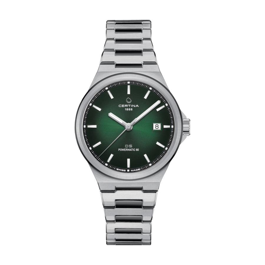 Certina DS-7 Powermatic 80 green PVD coating 39mm shows a classic wristwatch with green dial and steel chain. Model C0434072209100