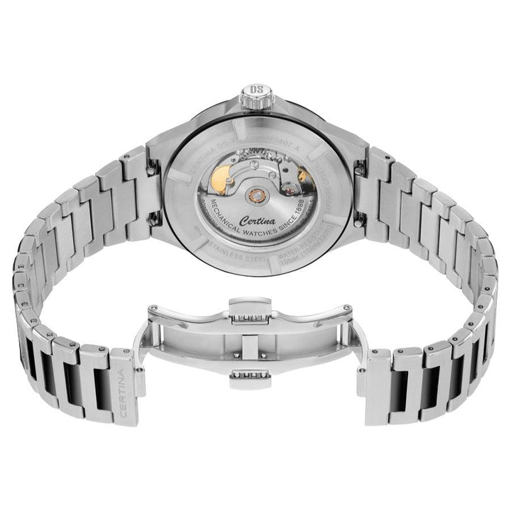 Certina DS 7 Powermatic 80 green PVD coating 39mm shown from the back with open link and visible automatic movement.