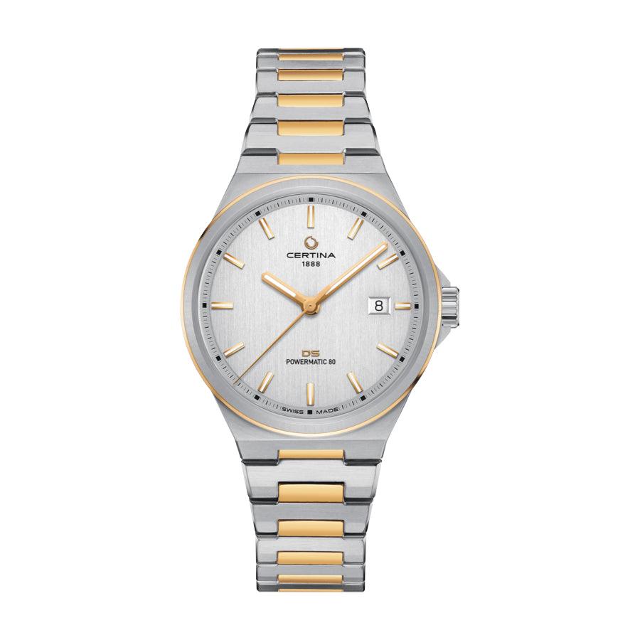 Certina DS-7 Powermatic 80 silver-colored watch with PVD coating and gold-colored details, Model C0434072203100