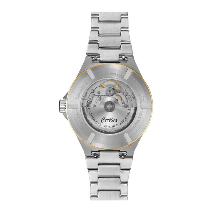 Certina DS-7 Powermatic 80 Solv PVD coating 39mm, detail of movement and back case in silver steel. Model C0434072203100