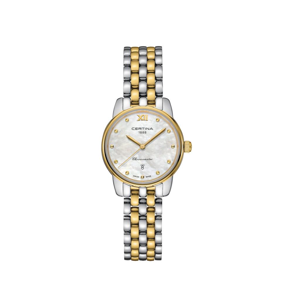 Certina DS-8 women's watch with mother-of-pearl dial, two-tone bracelet and gold-coloured details. Model C0330512211801.
