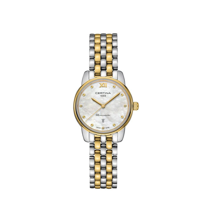 Certina DS-8 women's watch with mother-of-pearl dial, two-tone bracelet and gold-coloured details. Model C0330512211801.