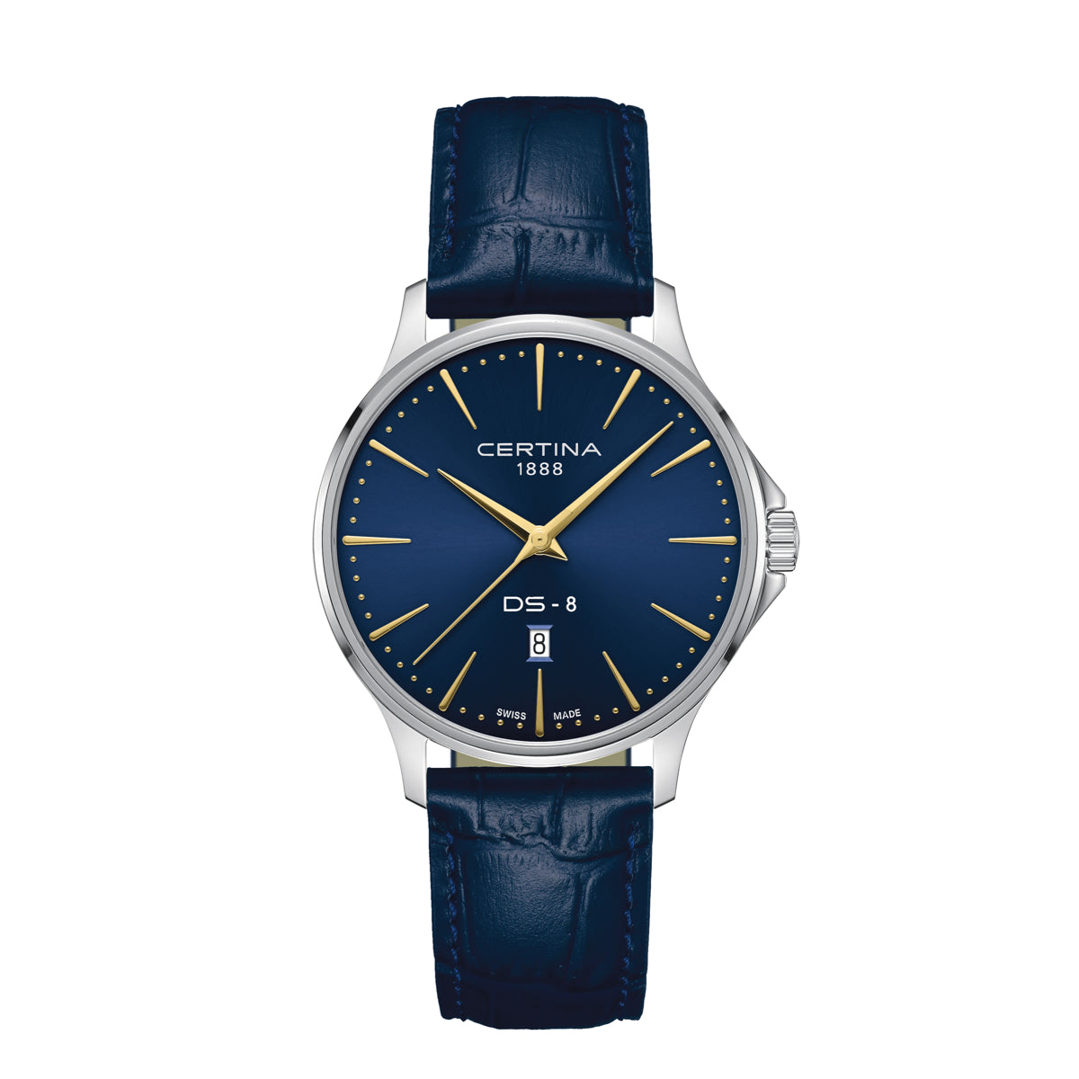 Certina DS-8 Gent 40mm with blue leather strap, elegant dial in blue with gold markings, Model C0454101604100