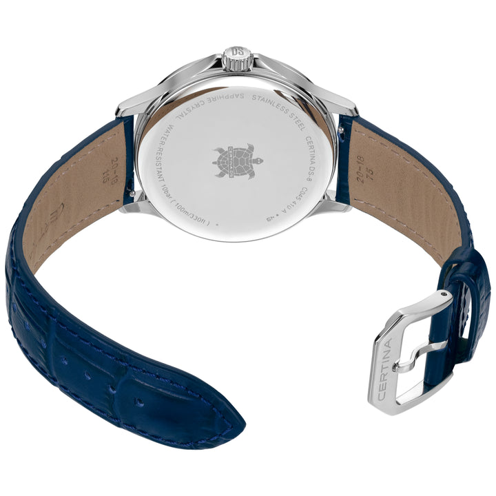 Certina DS-8 Gent 40mm with blue leather strap seen from the back, showing the back of the dial and buckle. Model C0454101604100