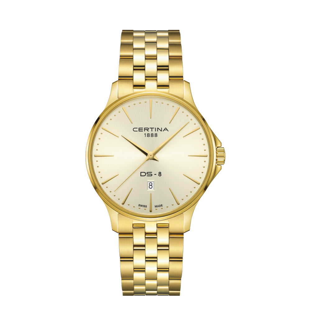 Certina DS-8 Gent Gold PVD 40mm with golden dial and date display, Model C0454103336100.