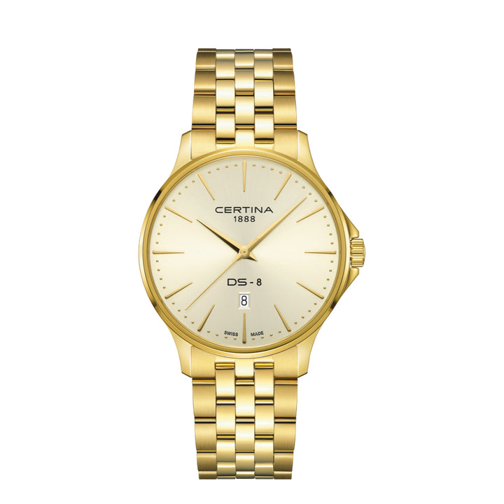 Certina DS-8 Gent Gold PVD 40mm with golden dial and date display, Model C0454103336100.