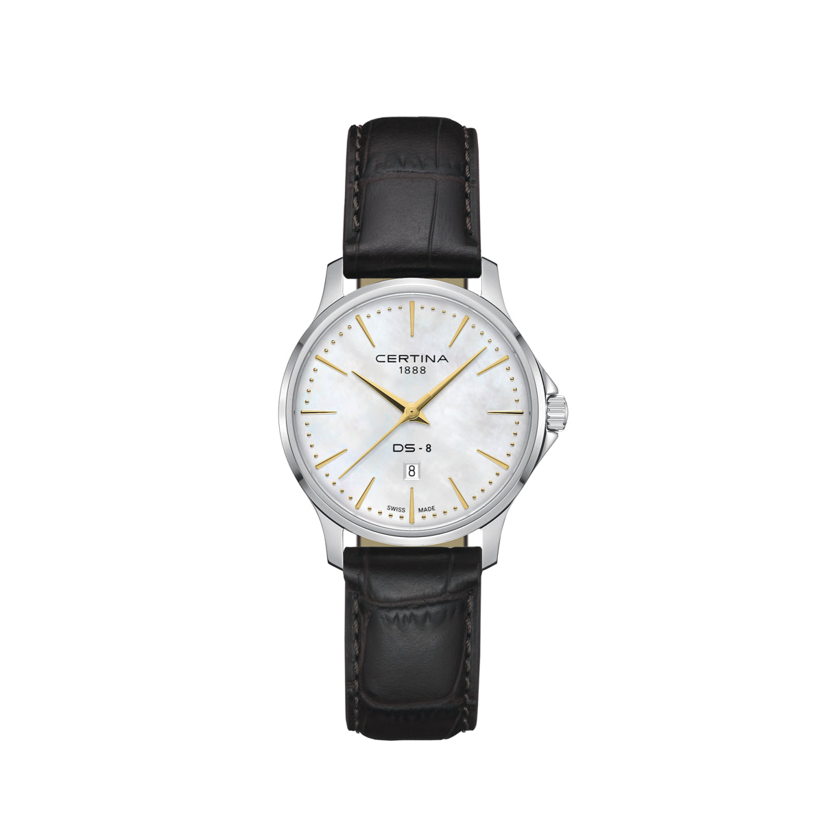Certina DS-8 Lady 31mm with brown leather strap, elegant watch with mother-of-pearl dial and gold details. Model C045.010.16.111.00