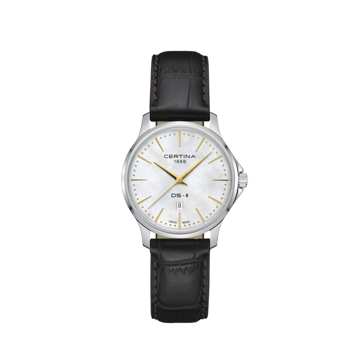Certina DS-8 Lady 31mm with brown leather strap, elegant watch with mother-of-pearl dial and gold details. Model C045.010.16.111.00