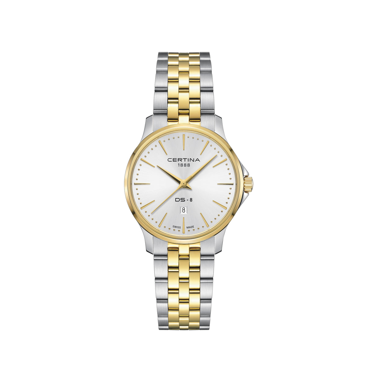 Certina DS-8 Lady steel with gold PVD women's watch with silver-white dial and two-tone chain. Model C0450102203100