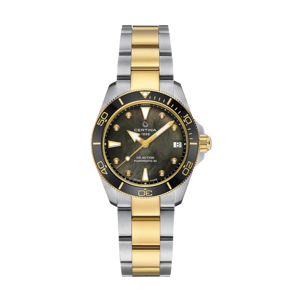 Certina DS Action 34.5mm Powermatic 80 M Diamonds, two-tone watch with black mother-of-pearl dial and diamond markings. Model C0320072212600