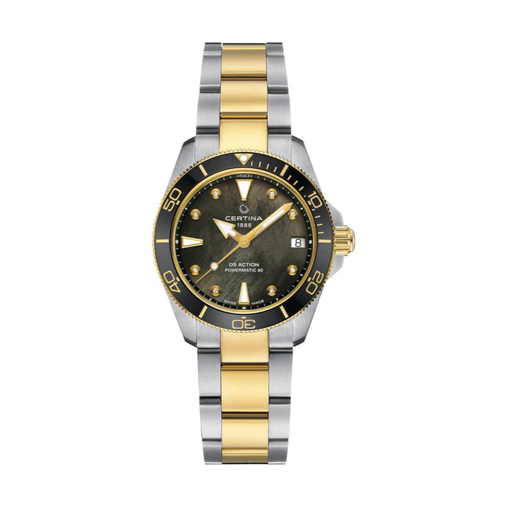 Certina DS Action 34.5mm Powermatic 80 M Diamonds, two-tone watch with black mother-of-pearl dial and diamond markings. Model C0320072212600